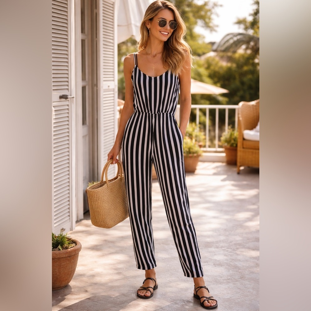 Splendid Black White Striped Jumpsuit Size M Spaghetti Strap Elastic Waist
